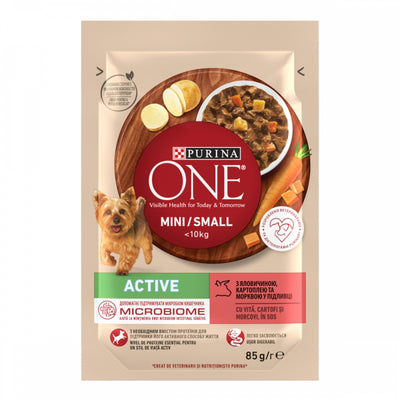 Purina One Mini Active, З яловичиною, картоплею, морквою, Для активних собак, консерва 26×85 г