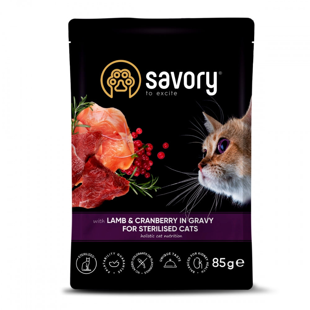 Корм вологий Savory Sterilised Cat Pouch Lamb and Cranberry in Gravy для стерилізованих котів з ягням та журавлиною у со