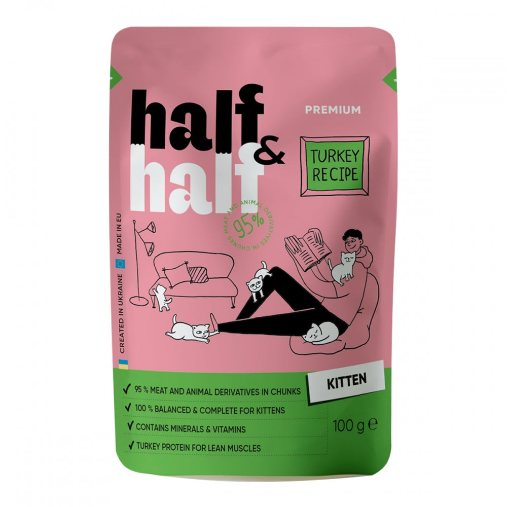 Корм вологий HalfHalf для кошенят шматочки з індичкою у желе у формі пауча 100г