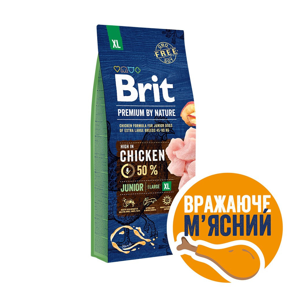 Корм сухий Brit Premium Dog Junior XL для цуценят і молодих собак гігантських порід від 1 до 30 місяців вагою 45-90 кг з куркою 15 кг
