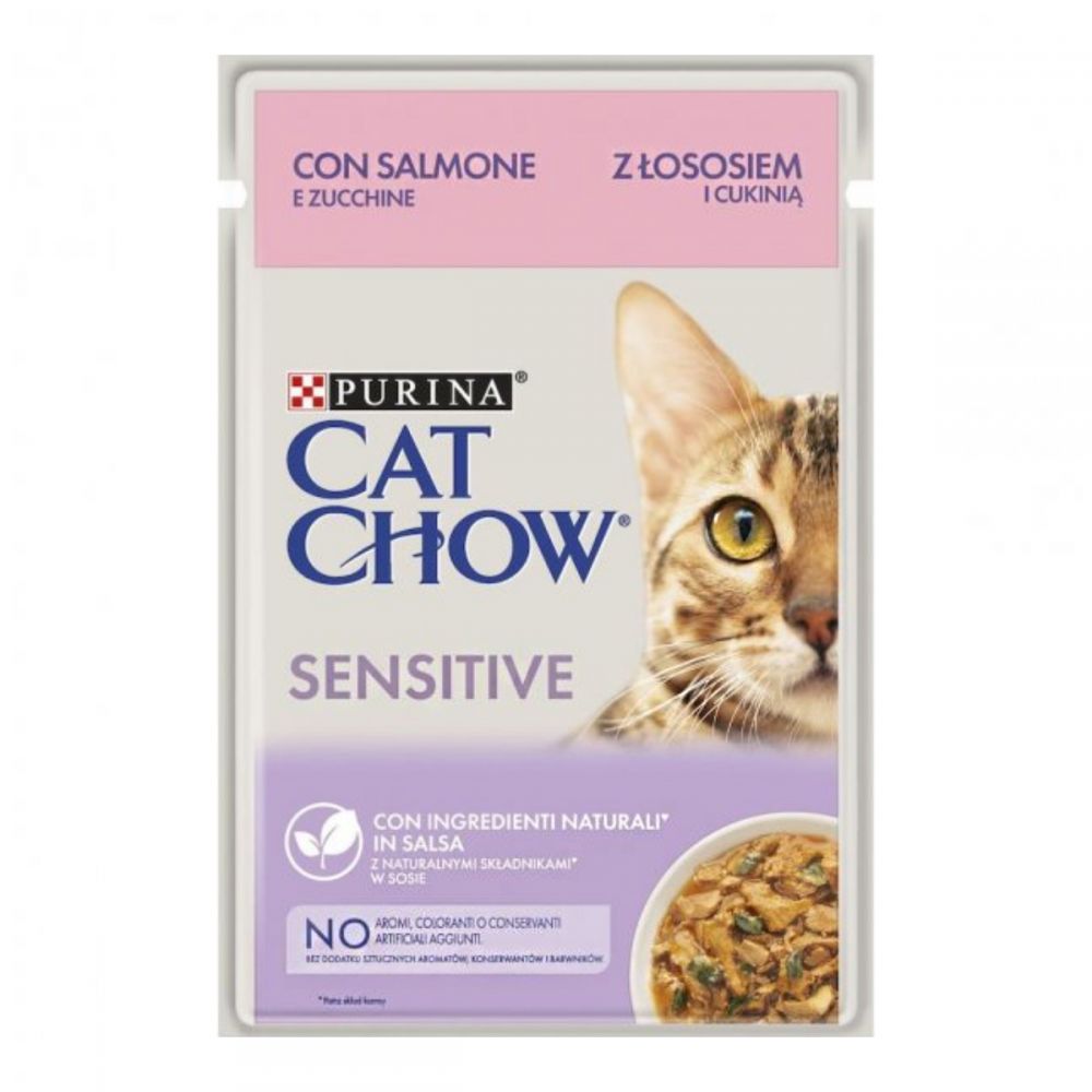 CAT CHOW Sensetive, З лососем та цукіні в желе, консерва 26×85 г