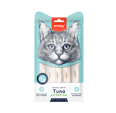 Wanpy Creamy Treat тунець з тріскою, рідкі ласощі для котів, 14 г х 5 шт
