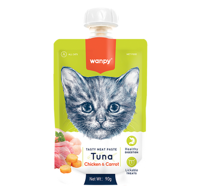 Wanpy крем-пюре тунець і курка з морквою, рідкий корм для котів, 90 г