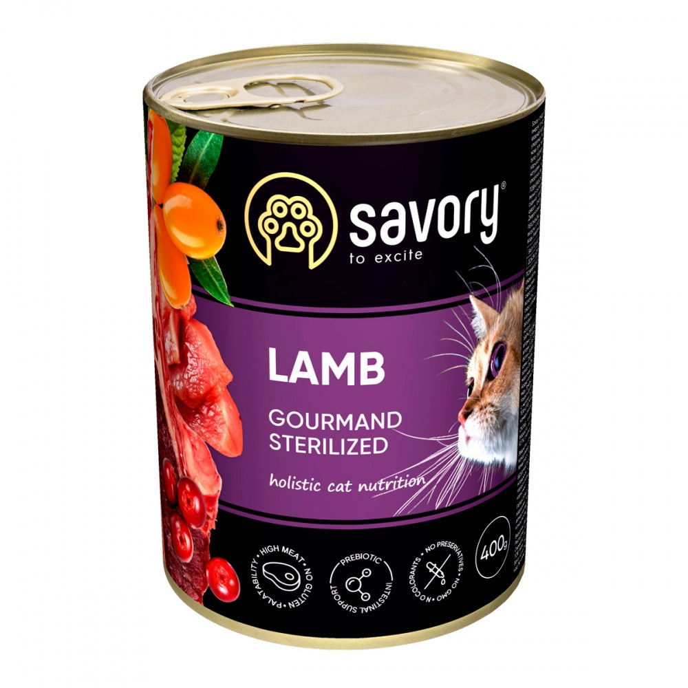 Корм вологий Savory Cat Can Adult Sterilised консерви для стерилізованих котів з ягням 200 г