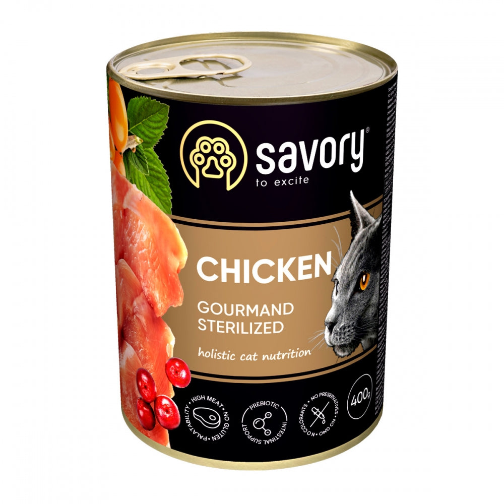 Корм вологий Savory Cat Can Adult Sterilised консерви для стерилізованих котів з куркою 400 г