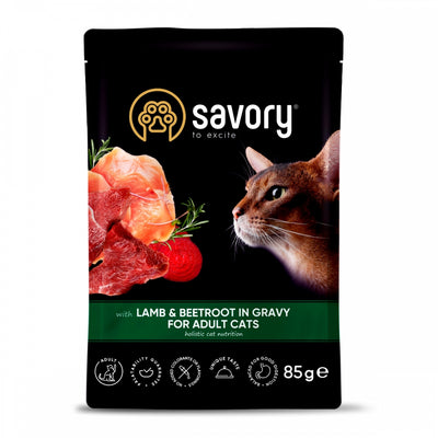 Корм вологий Savory Adult Cat Pouch Lamb and Beetroot in Gravy для дорослих котів з ягням та буряком у соусі 85 г