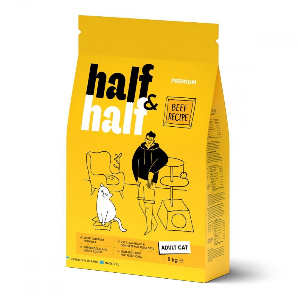 Корм сухий HalfHalf для дорослих котів із яловичиною 8 кг