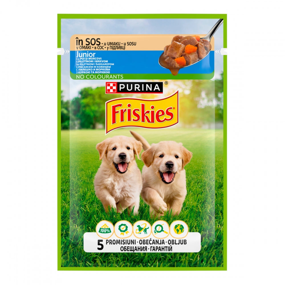 FriskiesJunior, Шматочки у підливці з куркою та морквою для цуценят 26×85 г