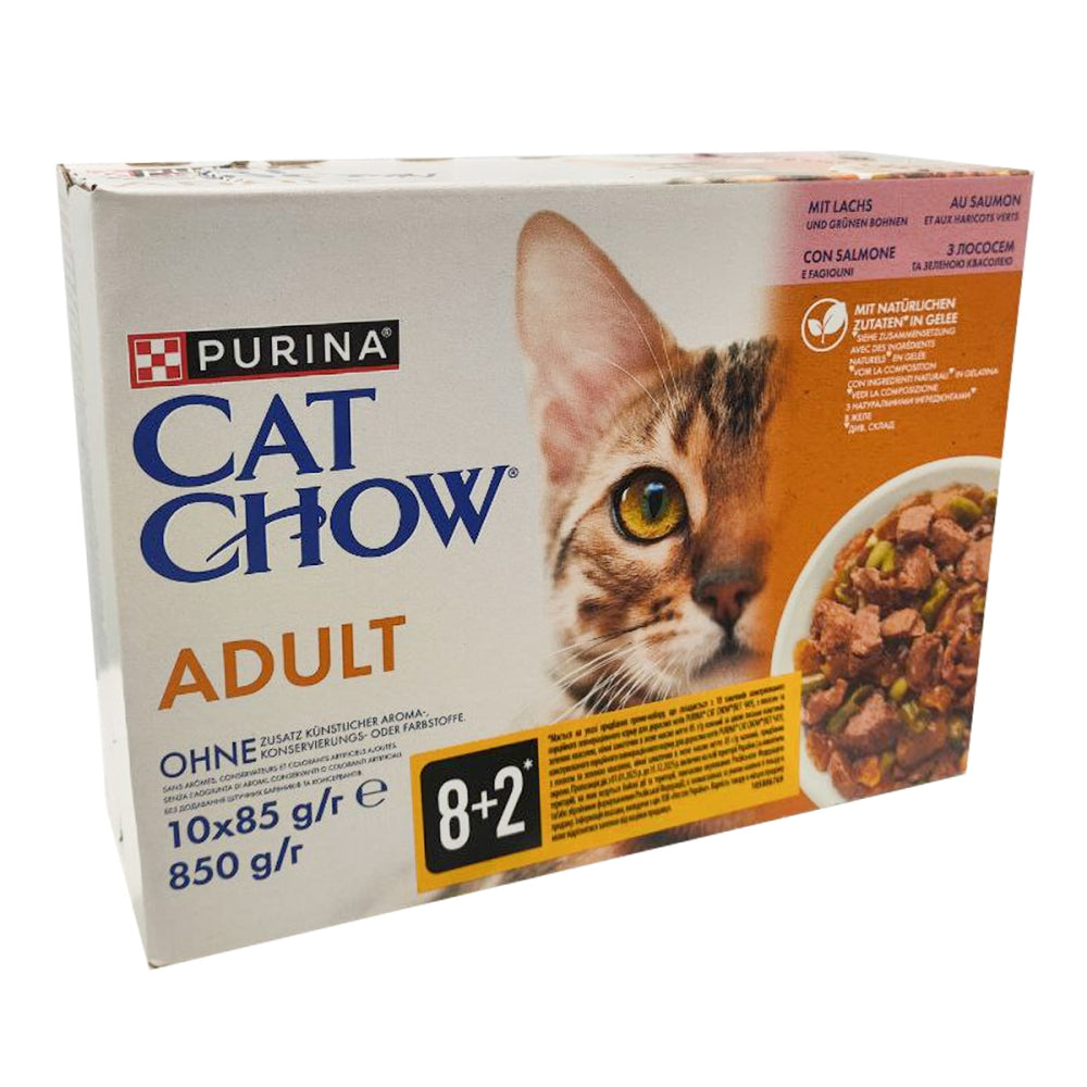 CAT CHOW ADULT, З лососем та зеленою квасолею в желе, консерва Мультипакг