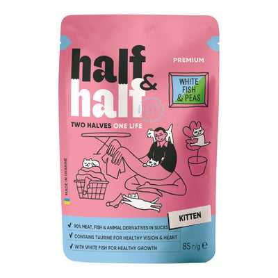 Корм вологий Half&Half для кошенят з білою рибою та горохом в желе 85 г