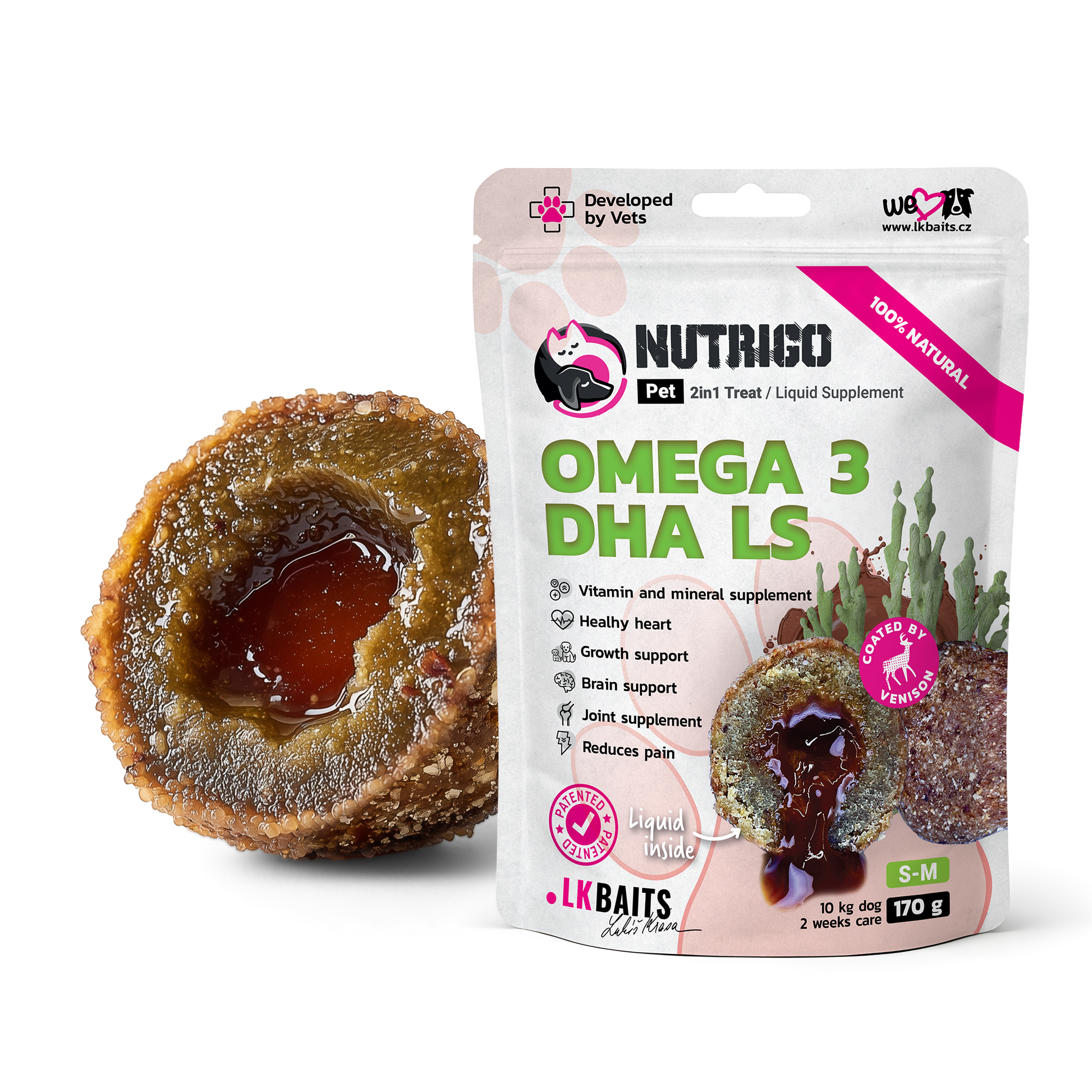 LK Baits Pet Nutrigo Omega-3 Algae S-M Функціональні ласощі для собак середніх порід з олією водоростей (Ø 20 мм), 170 г