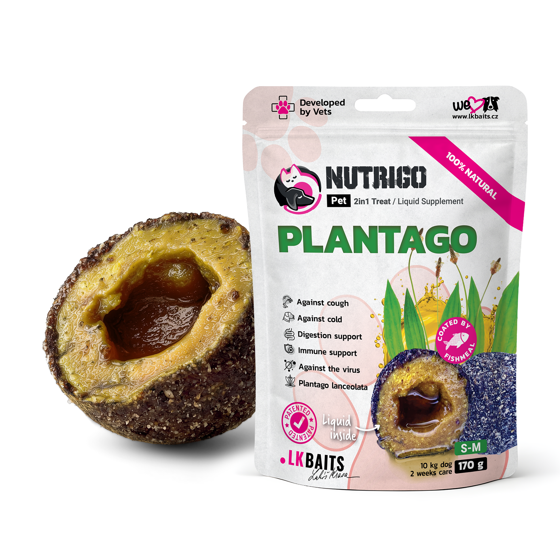 LK Baits Pet Nutrigo Plantago S-M Функціональні ласощі для собак середніх порід з сиропом подорожника (Ø 20 мм), 170 г