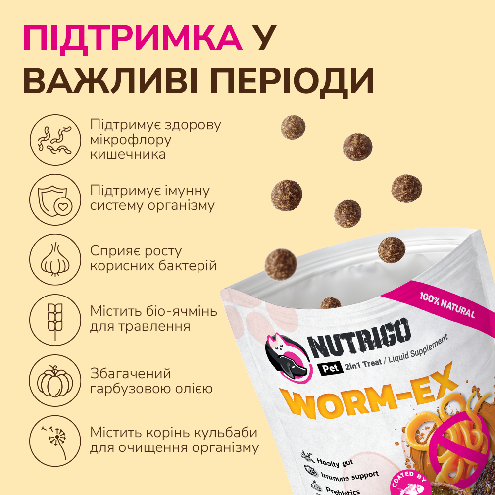LK Baits Pet Nutrigo Worm-Ex Mini Функціональні ласощі для собак дрібних порід з рослинним комплексом для кишківника (Ø 