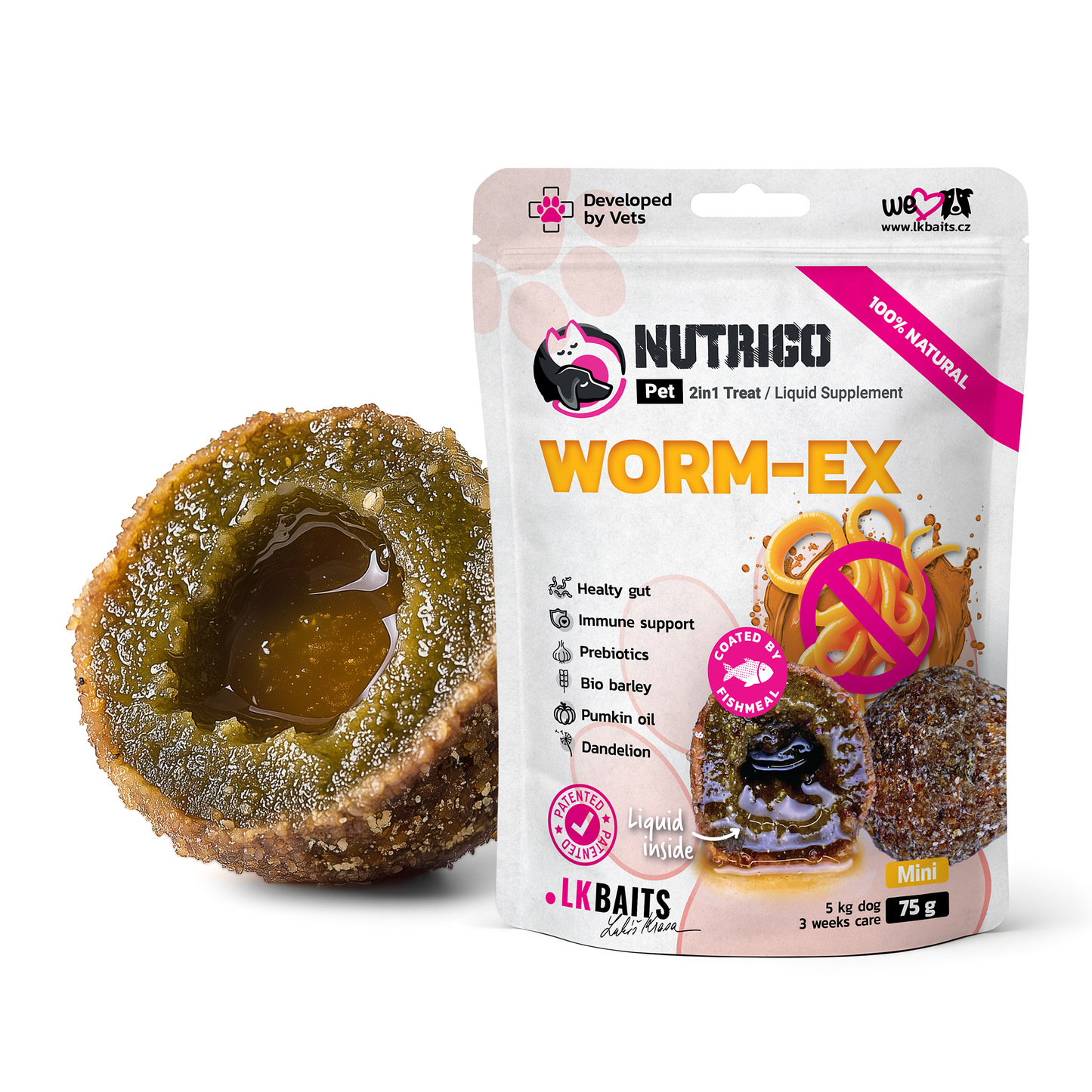 LK Baits Pet Nutrigo Worm-Ex Mini Функціональні ласощі для собак дрібних порід з рослинним комплексом для кишківника (Ø 