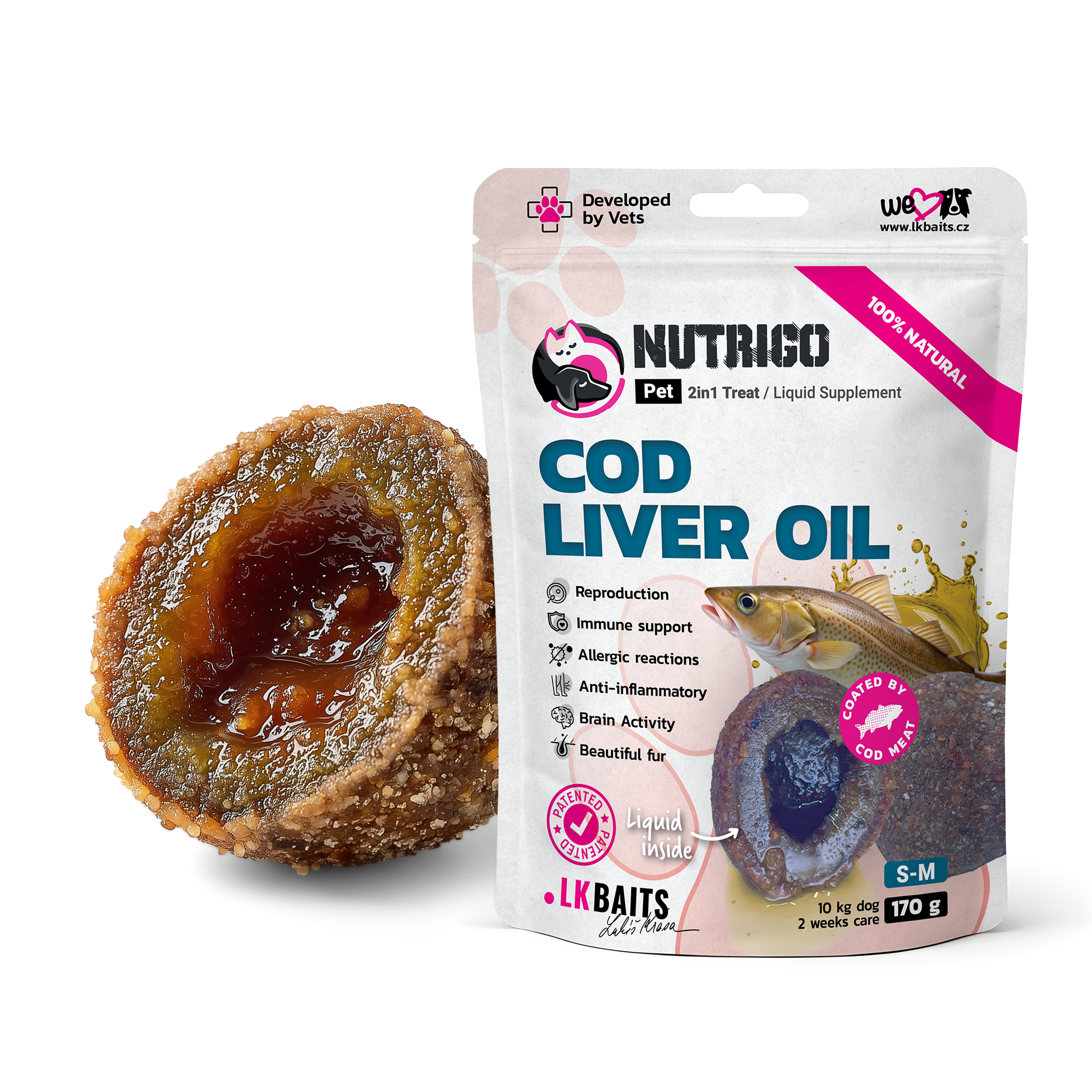 LK Baits Pet Nutrigo Cod Liver Oil S-M Функціональні ласощі для собак середніх порід з олією печінки тріски (Ø 20 мм), 1