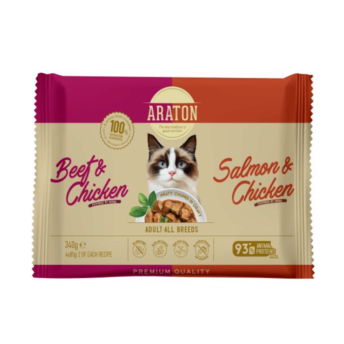 ARATON Cats Set Adult Сет вологого корму для дорослих котів (Лосось і курка + Яловичина і курка), 4x85 г