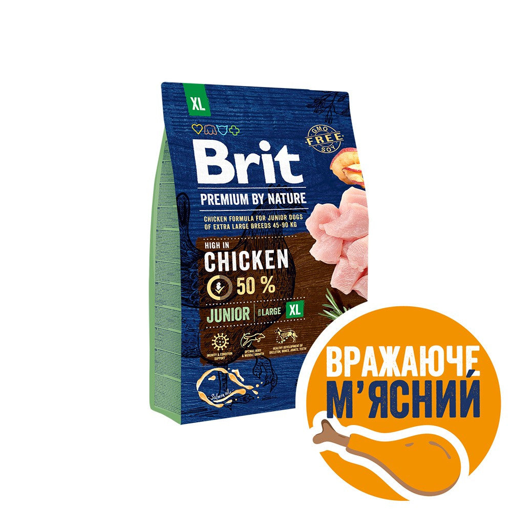 Корм сухий Brit Premium Dog Junior XL для цуценят і молодих собак гігантських порід від 1 до 30 місяців вагою 45-90 кг з куркою 3 кг
