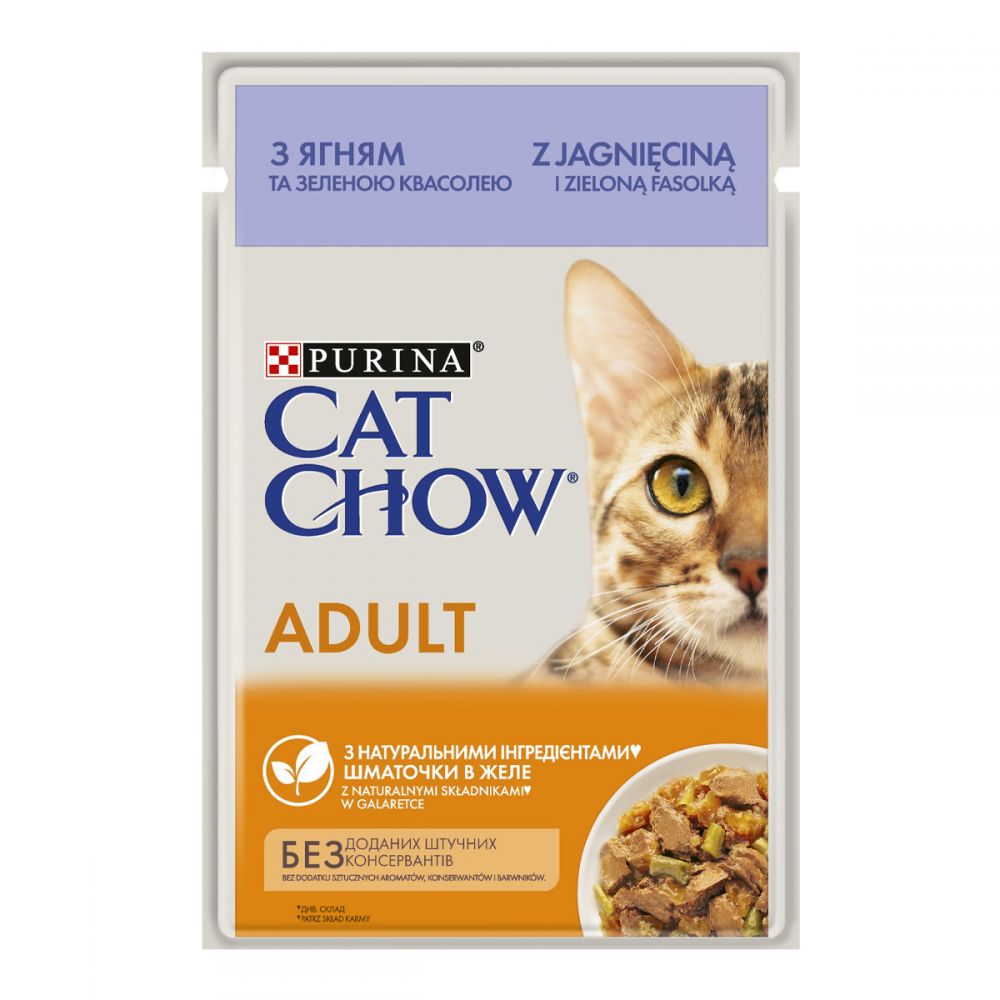 CAT CHOW ADULT, З ягням та зеленою квасолею в желе, консерва 26×85 г