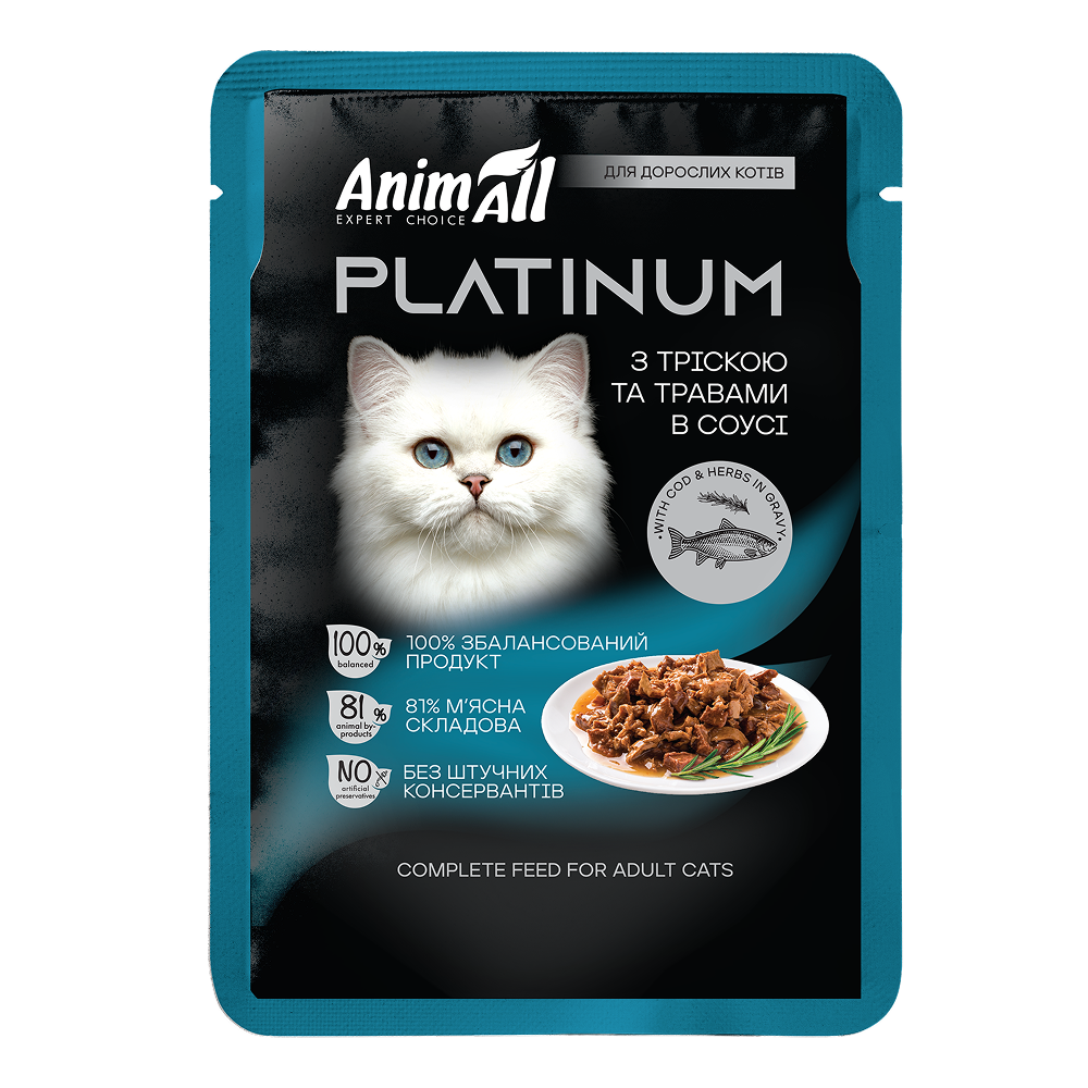 AnimAll PLATINUM пауч з тріскою та травами в соусі, 85 г