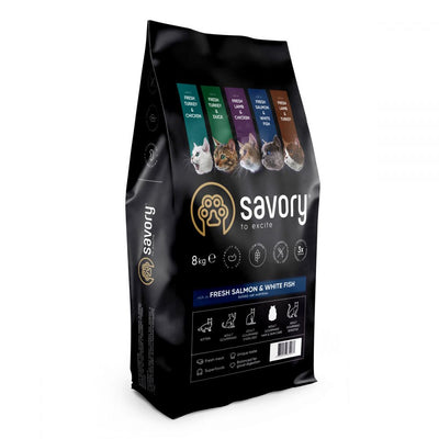 Корм сухий Savory Adult Cat Gourmand Fresh Salmon and White Fish для довгошерстих котів зі свіжим.лососем і білою.рибою 