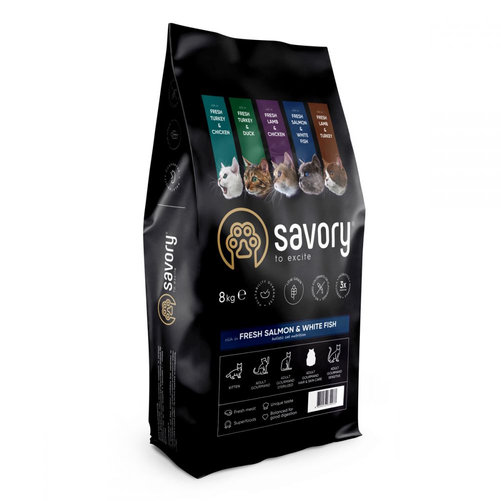 Корм сухий Savory Adult Cat Gourmand Fresh Salmon and White Fish для дорослих котів зі свіжим лососем і білою рибою 400 