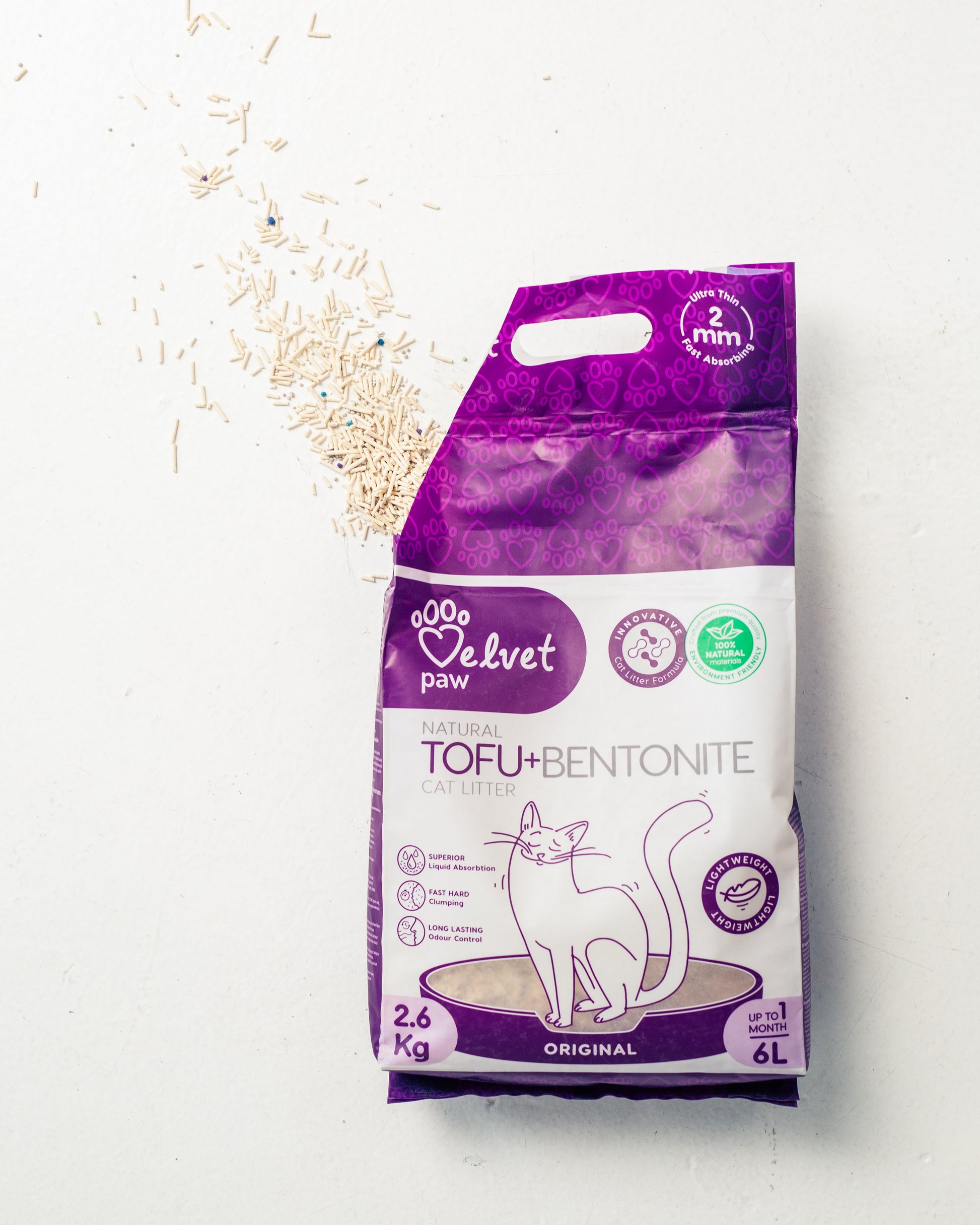 VELVET PAW TOFU Наповнювач для котячих туалетів з бентонітом, оригінальний, гранули 2 мм, 6 л/2,6 кг