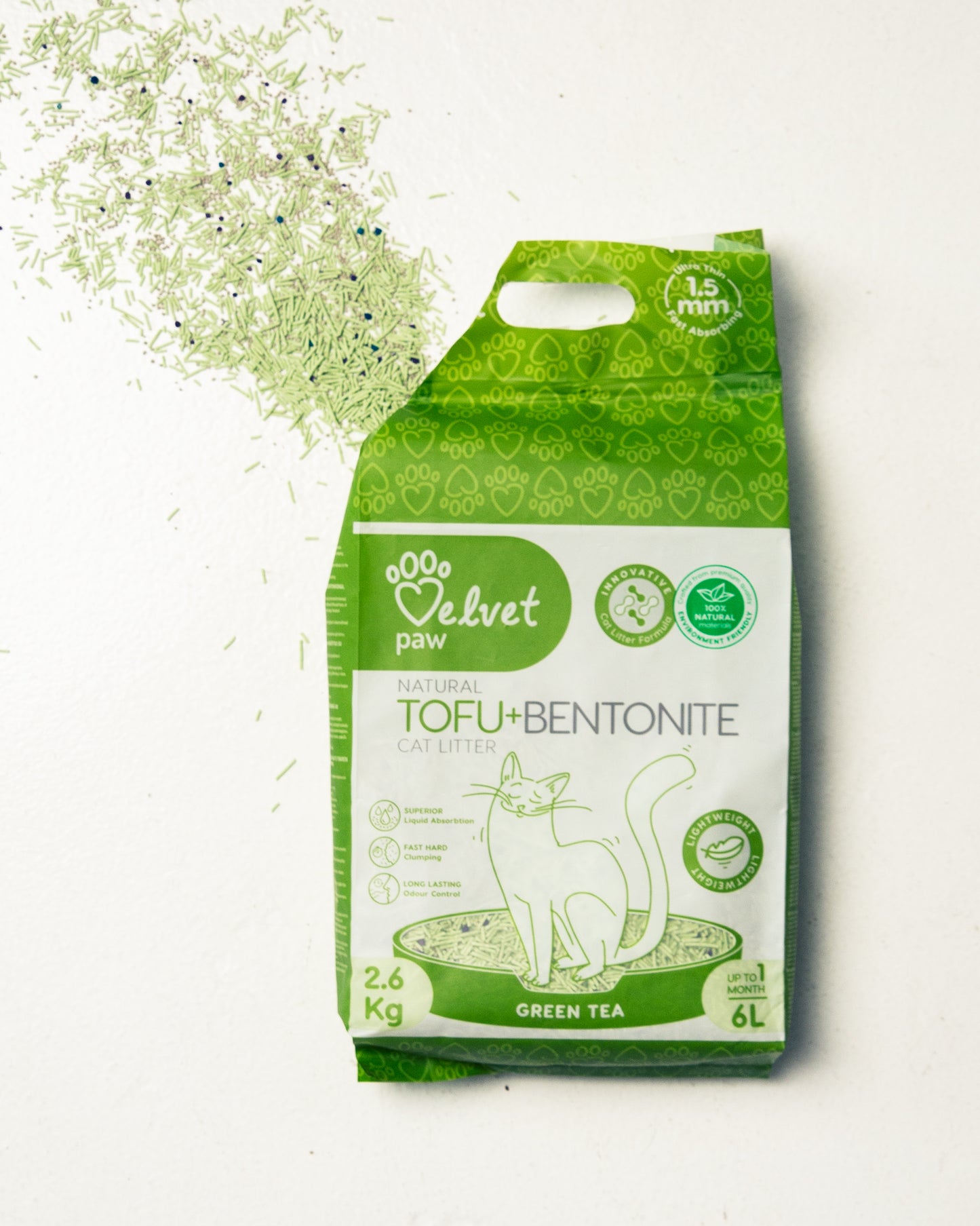 VELVET PAW TOFU Наповнювач для котячих туалетів з бентонітом та екстрактом зеленого чаю, гранули 1,5 мм, 6 л/2,6 кг
